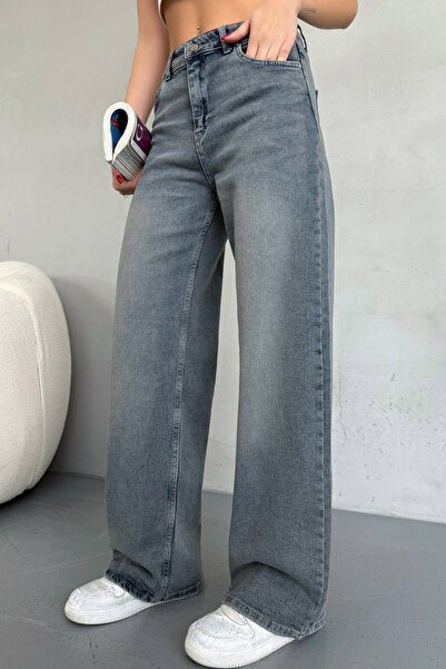 CoolLook Soldurma Yıkamalı Yüksek Belli Düğme ve Fermuarlı 5 Cep Esnek Bol Paça Palazzo Jean pantolon