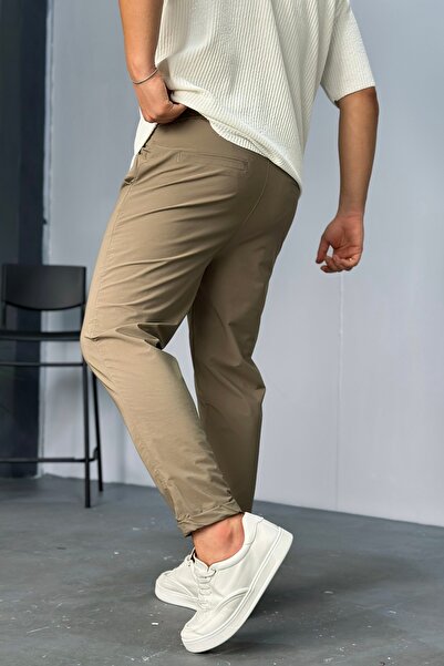 LUVEST ERKEK BELİ LASTİKLİ İPLİ LİKRALI DAR KALIP PARAŞÜT KUMAŞ KAHVERENGİ PANTOLON
