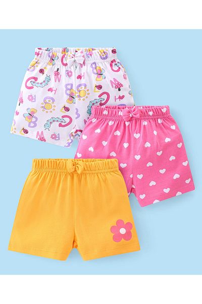 Babyhug مجموعة من 3 قطع من شورتات Babyhug المصنوعة من القطن والمزينة بفيونكة على شكل فراشة وقلب - وردي/أبيض/أصفر