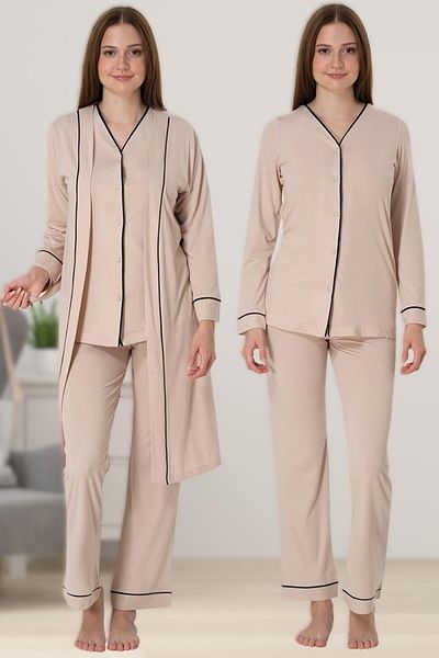 Pelin Women's Beige Front Buttoned Ribbed Maternity Pregnant Dressing Gown 3-Piece Pajama Set