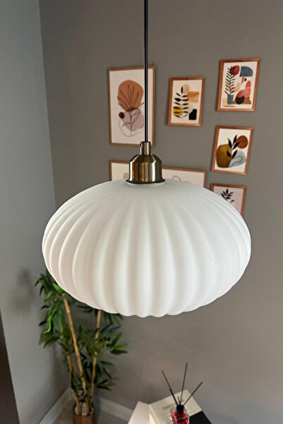 Bamyum Elegant Cam Beyaz Avize Eskitme Yarım Lale Başlık Sarkıt Lamba Restoran Salon Aydınlatma