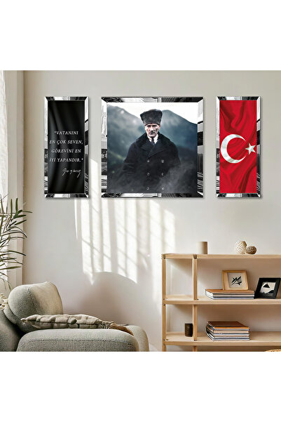 Zevahir Mobilya Dekorasyon Gümüş Aynalı Pleksi Çerçeveli Atatürk Türk Bayrağı...