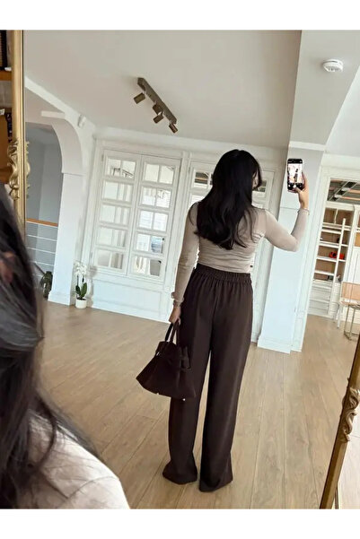 MELEK KOSTAK Kadın Acı Kahve Toka Detaylı Bel Lastikli Palazzo Pantolon