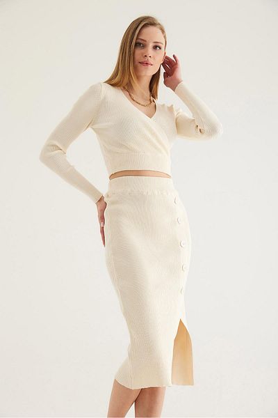 CALİENTE Button Detailed Skirt Blouse Knitwear Suit Ecru