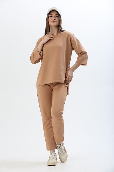 CALİENTE Crepe Knitted Crew-Neck Side Slits Beige