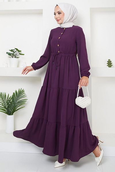 hafsamina Purple Ayrobin Dress - Gathered and Buttoned, Hm8811