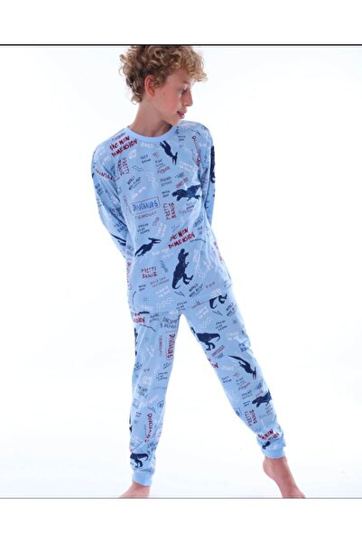 İsobel Kids Erkek Çocuk %100 Pamuklu Mavi Dinazor Desenli Uzun Kollu Pijama Takımı