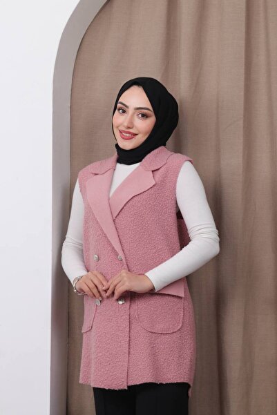 MİSS M.A.T FASHİON Bucket Pon Pon Fabric with Pocket Cover Crossbody Collar 4 Button Vest