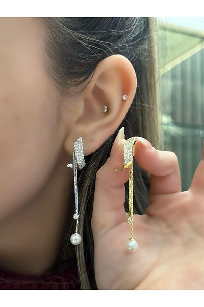 MyladyAccessoriess Zircon Stone and Pearl Detail Dangle Steel Earrings Silver