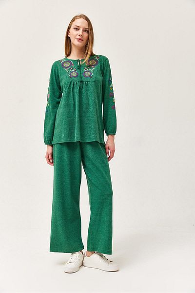CALİENTE Hera Fabric Front and Sleeves Embroidered Double Suit Green