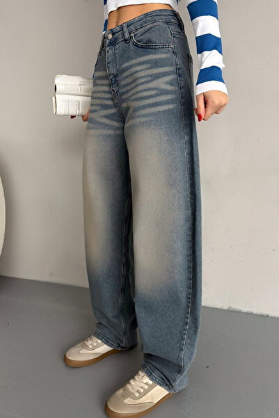 Ottawe Relaxed Fit Yüksek Bel 5 Cep Soldurma Efektli Fermuarlı Geniş Kesim Li...