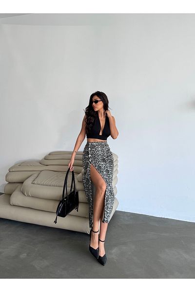 Swet Shop Jeans Women's Front Buttoned Leopard Print Lycra Denim Skirt