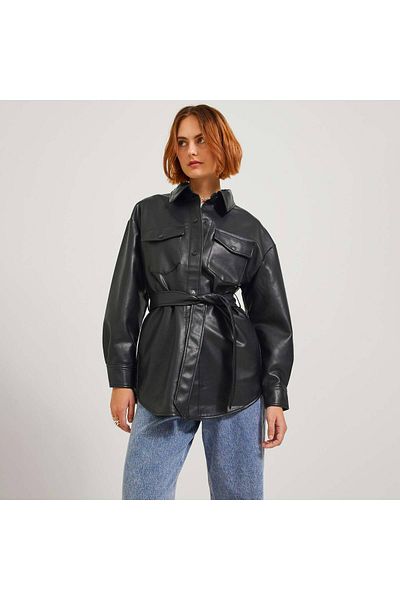 JJXX Jxluna Faux Leather Overshirt Noos Classic Πέτο Loose Cut Απλό Μαύρο Γυναικείο Παλτό