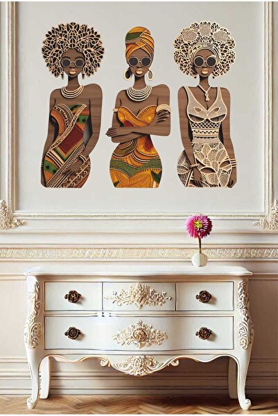 UNT Modern Renkli Afrikalı Kadınlar 3'lü Mdf Tablo Seti – Duvar Dekoru