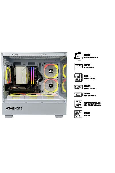 MIEXCITE كمبيوتر ألعاب G6MATX ECO Core i5 14400F RTX 3050 H610 MB DDR5 16GB 1TB 120 AC أبيض