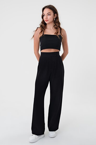 Hazel Kadın Siyah Yüksek Bel Cırtlı Palazzo Pantolon