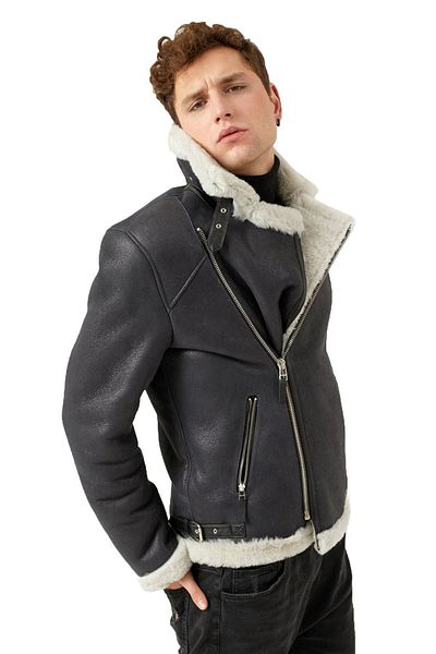 Deriderim Black Inside White Furry Herman Side Zipper Collar Buckle Slim Fit Biker Men's Genuine Fur Coat