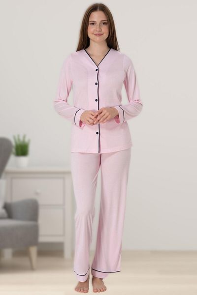 Pelin Women's Pink Front Buttoned Ribbed Maternity Pajama Set