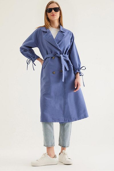 CALİENTE Lace-Up Trench Coat with Tunnel Ankle Blue