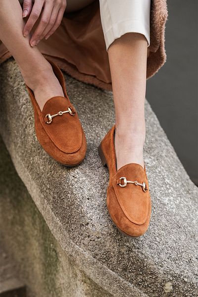 Marjin Camel Suede Γνήσιο Δερμάτινο Γυναικείο Loafer με Αλυσίδα - Casual Παπούτσια