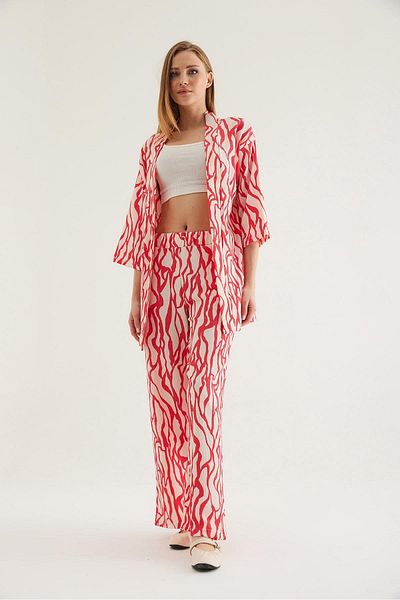 CALİENTE Kimono Pants Crinkle Women's Double Set Fuchsia