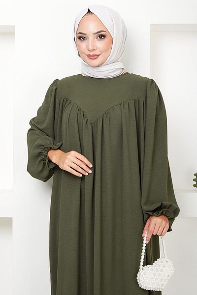 hafsamina Χακί Φόρεμα Μαζευμένο Ρόμπα - HM2501