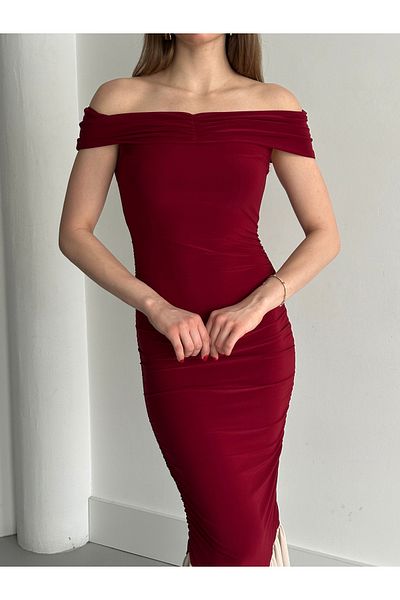 Laluvia Rochie burgundă cu volane cu decolteu barcă - 4798