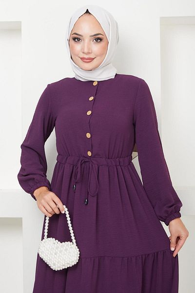 hafsamina Purple Ayrobin Dress - Gathered and Buttoned, Hm8811