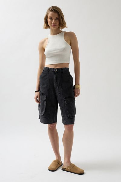 Black Fashion Gray Bermuda Denim Shorts - Cargo Pocket Detailed