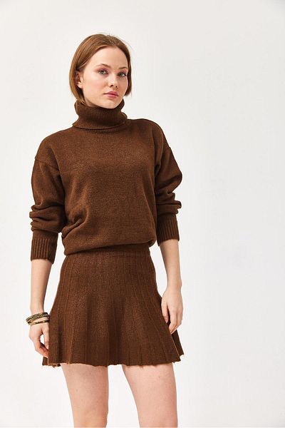 CALİENTE Turtleneck Skirted Knitwear Bottom Top Set Brown