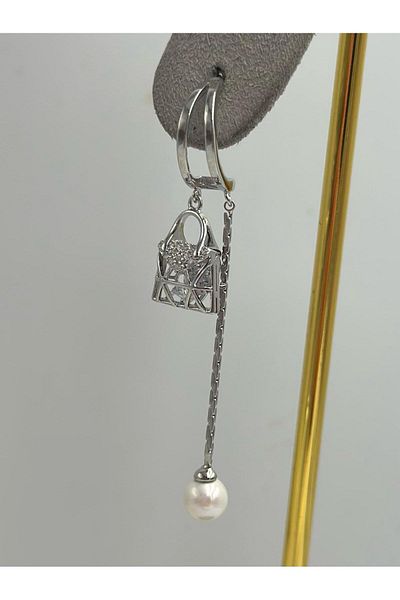 MyladyAccessoriess Zircon Stone Bag and Pearl Detail Dangle Steel Earrings Gold