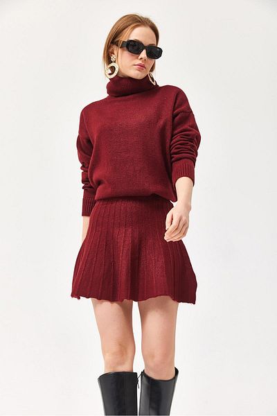 CALİENTE Turtleneck Skirted Knitwear Bottom Top Set Claret Red