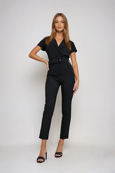 VAGGON Women's Black Double Breasted Collar Covered Belted Jumpsuit Prmx12298