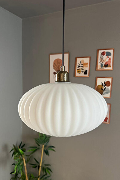 Bamyum Elegant Cam Beyaz Avize Eskitme Yarım Lale Başlık Sarkıt Lamba Restoran Salon Aydınlatma