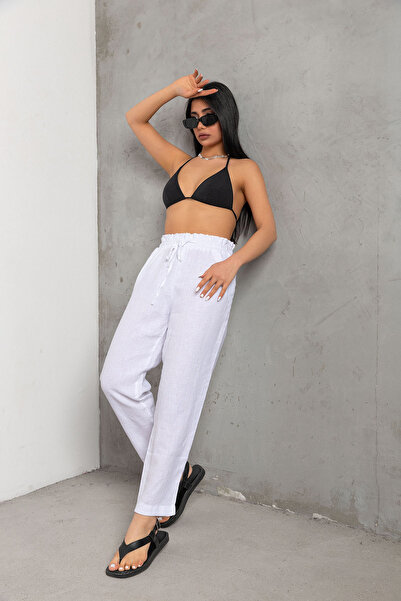 Maule Bílé 100% originální plátno Hacuç střižené šněrovací elastické dámské kalhoty @valensiya