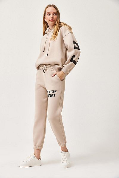 CALİENTE 3 Thread Cotton Raised Pocket Hooded Tracksuit Beige