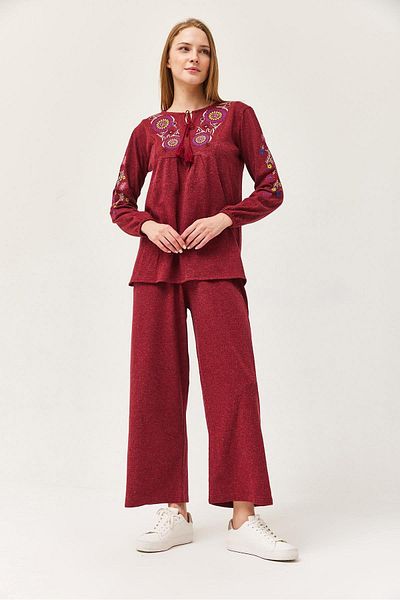 CALİENTE Hera Fabric Front and Sleeves Embroidered Double Suit Burgundy