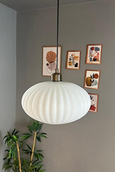 Bamyum Elegant Cam Beyaz Avize Eskitme Yarım Lale Başlık Sarkıt Lamba Restoran Salon Aydınlatma