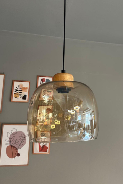 Bamyum Dijon Bal Rengi Cam Sarkıt Avize Geniş Ahşap Başlık Salon Mutfak Avizeleri Pastane Modelleri