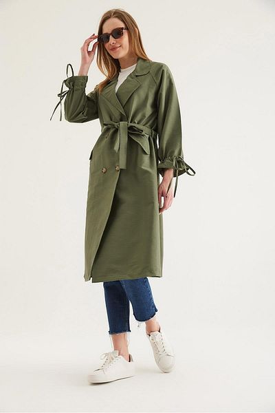 CALİENTE Lace-Up Trench Coat with Tunneled Ankle Khaki