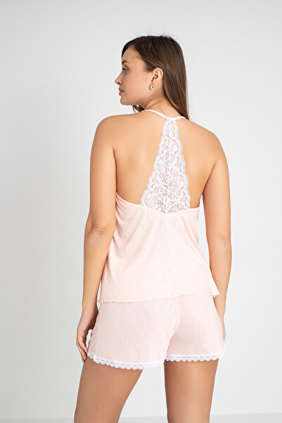 DONEX Lace Detailed Jacquard Rope Strap Shorts Pajamas Set