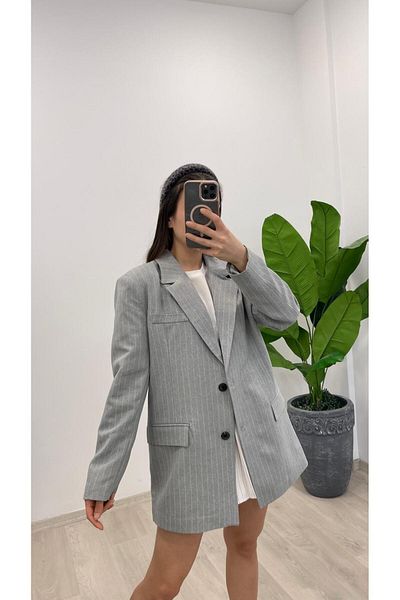 Nazline Women's Striped Double Button Flap Pocket Wide Fit Blezer Jacket