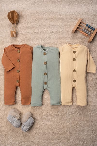 Mai Perla Organic Fabric Wooden Buttoned Single Size Jumpsuit Unisex 3 Piece Baby Set