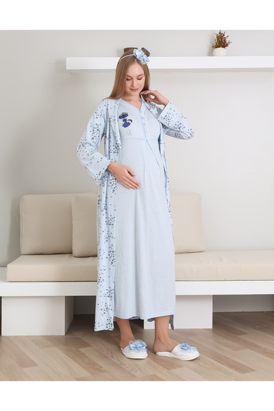 ERDENİZ TEKSTİL Hamile Gecelik, Pijama ve Sabahlıklı Takım 4'lü Set / Nakışlı Ve Düğmeli Yaka / Pamuklu Penye Kumaş