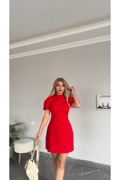 buqre's moda Watermelon Sleeves Mini Dress with Bow Back and Button Detail