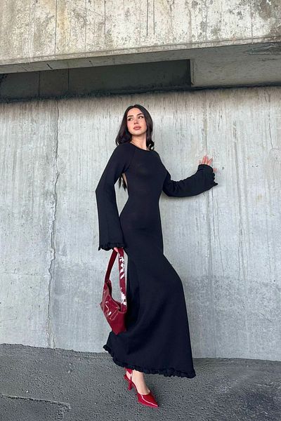 JaMolls Wide Sleeve Waist Sitting Knitwear Back Low-Cut Long Dress