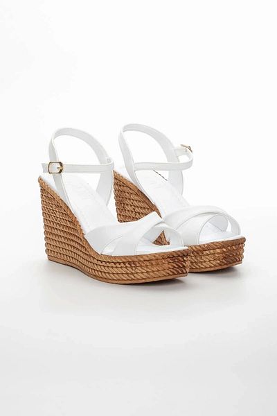 MFT AYAKKABI Women's White Cross Wedge Heeled Classic Style Sandals