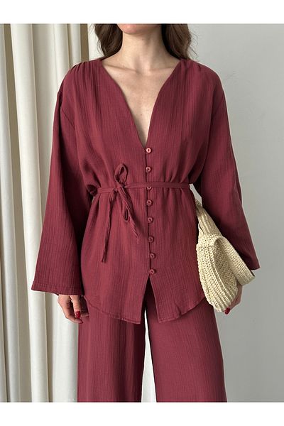 Laluvia Burgunderfarbenes Hemd-Hosen-Set aus 100 % Baumwolle mit mehreren Knöpfen – 8377