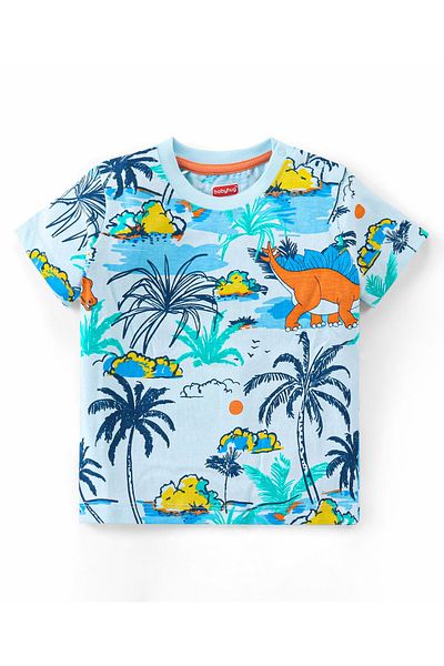 Babyhug Cotton Knit Half Sleeves T-Shirt & Shorts Set With Dinosaur Print - Multicolor