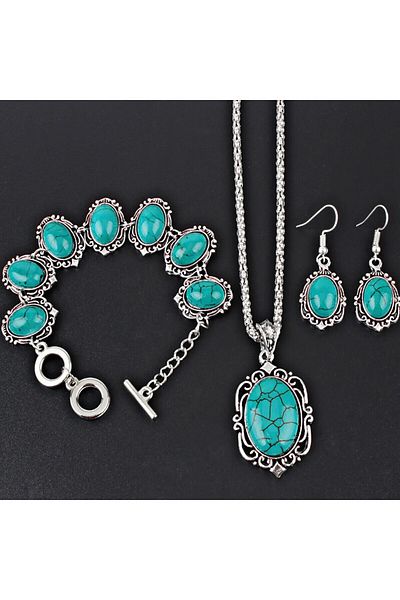Choice Blue 3pcs Women's Vintage Turquoise Bracelet Necklace Earrings Set, Healing Stone Decoration Gift(Wi